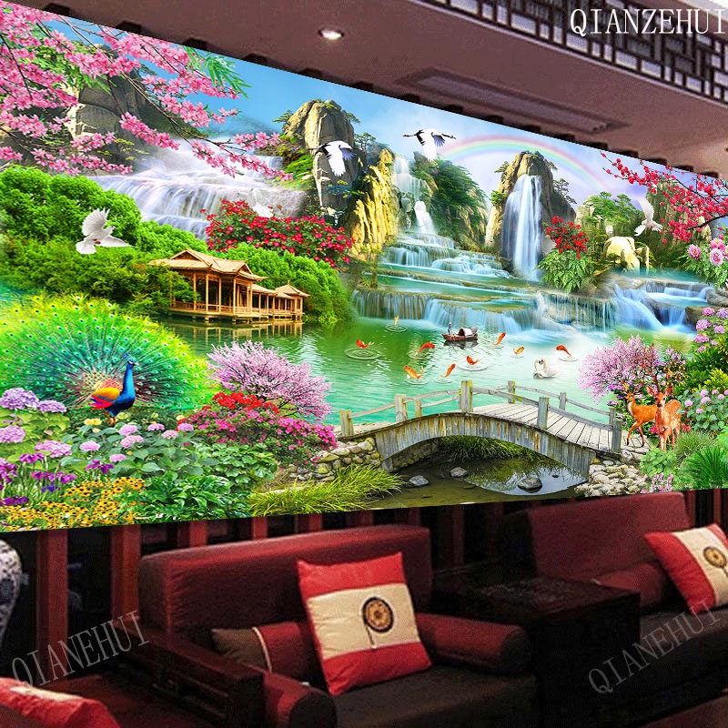Bộ Tranh Đính Đá Tự Làm Hình Phong Cảnh Núi Và Chim Công