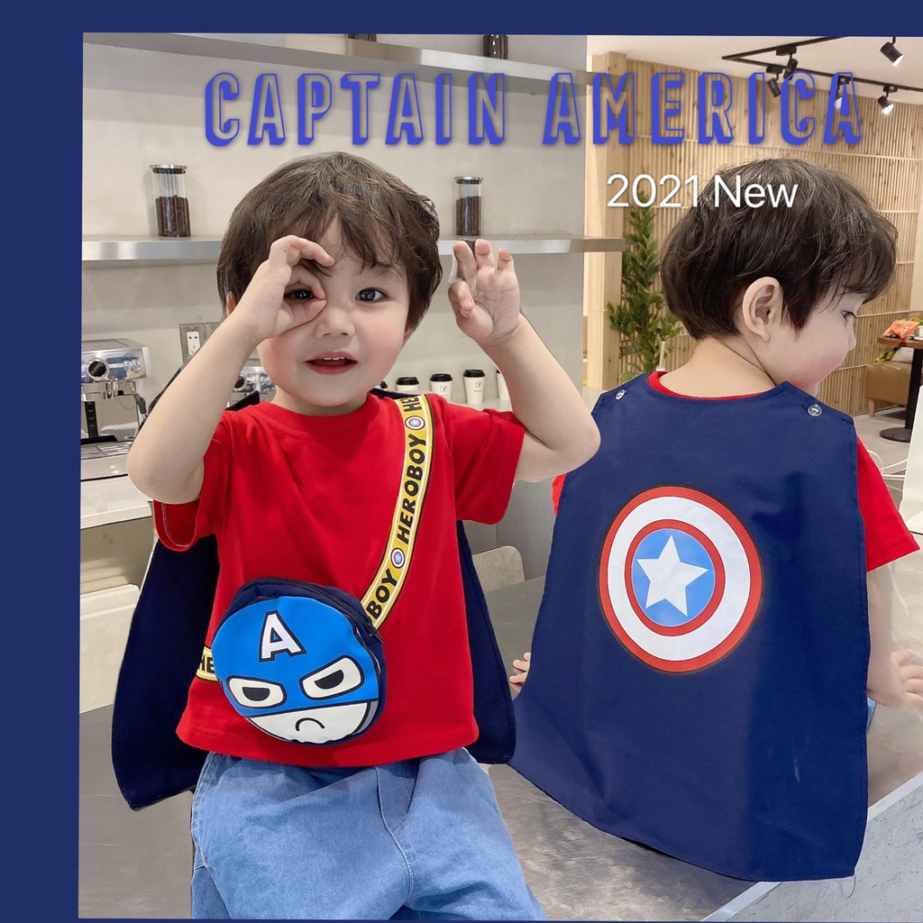 Áo cộc tay Marvel siêu nhân kèm áo choàng cotton cao cấp thấm hút tốt cho bé trai bé gái