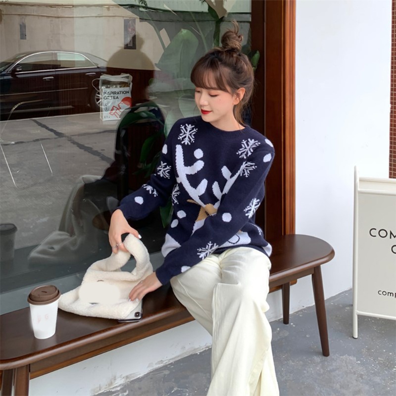 Áo Sweater Dệt Kim Tay Dài In Hoạt Hình Tuần Lộc / Bông Tuyết Thời Trang Mùa Đông Cho Nữ