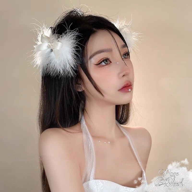 Kẹp Tóc Nơ Phối Lông Vũ Màu Trắng Xinh Xắn Đáng yêu