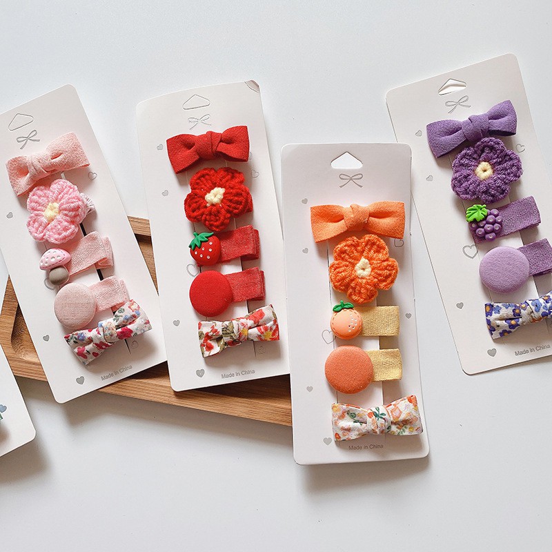 Set 5 kẹp tóc dệt kim họa tiết hoa hoạt hình dễ thương cho bé gái