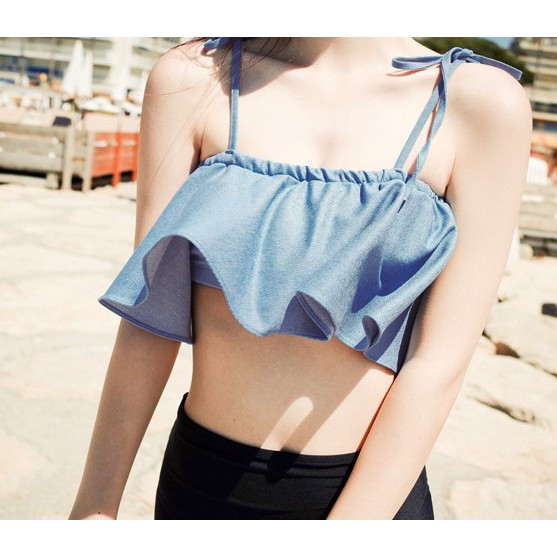 Bộ đồ bơi 2 mảnh dành cho nữ bikini 2 dây dễ thương áo xanh quần đen mã L67 | WebRaoVat - webraovat.net.vn