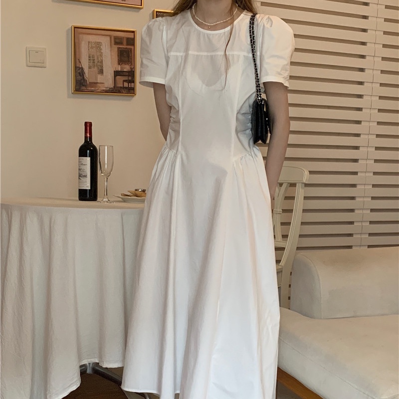 Đầm SUXI tay ngắn cổ tròn đơn giản phong cách Hàn Quốc