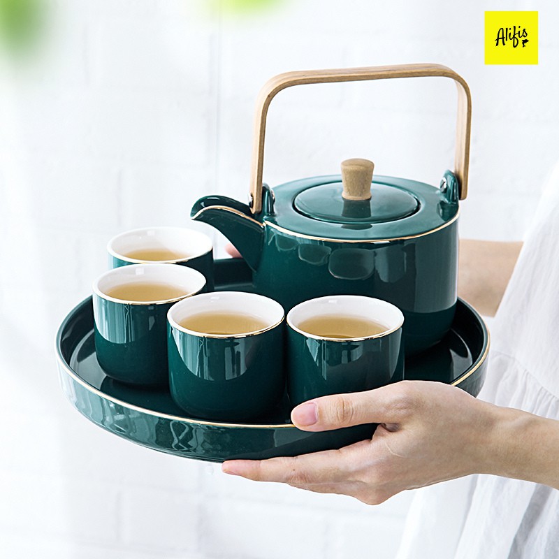 Bộ tách trà, bộ ấm trà bằng sứ kèm khay và 4 chén màu xanh cổ vịt có hộp đựng đẹp quà tặng tân gia SAMTRA-XCV