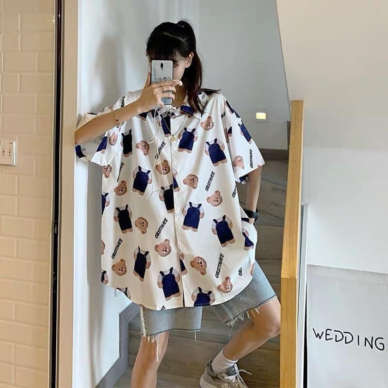 Áo Sơ Mi Cộc Tay Gấu Mặc Yếm , Áo Somi Unisex Dáng Rộng Ngắn Tay F011