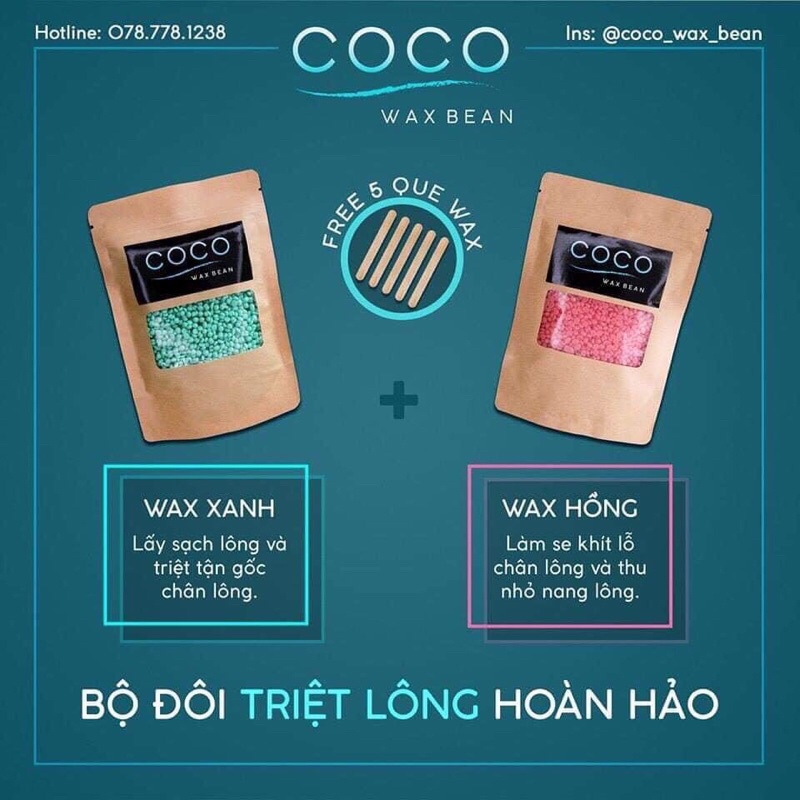 Sáp wax lông Coco, tẩy sạch lông lá, da sáng mịn (Xanh+Hồng)