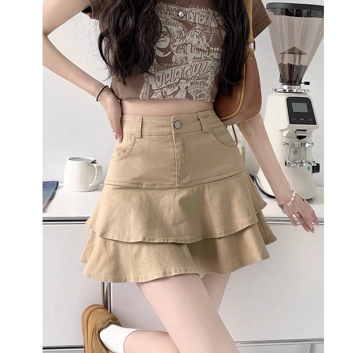 chân váy ulzzang mùa hè 2 tầng màu be
