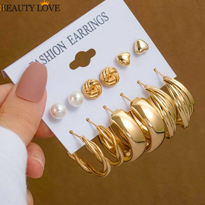 Bộ Khuyên Tai / Bông Tai Tròn Đính Kim Cương &amp; Ngọc Trai Giả Bằng Kim Loại Kiểu Hình Học Cho Nữ