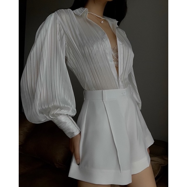 Áo sơmi lụa kim tuyến 2 màu trắng-xanh | BigBuy360 - bigbuy360.vn