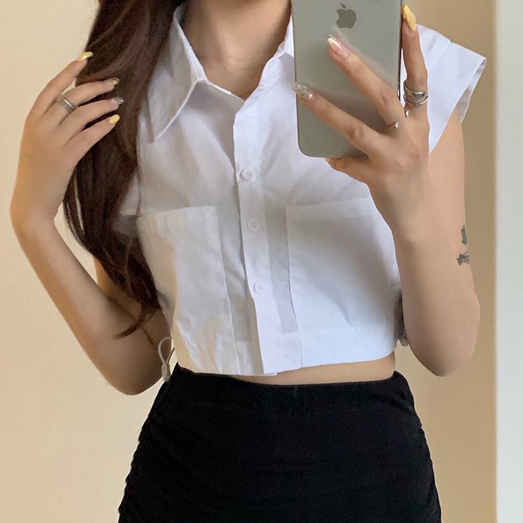 Áo sơ mi croptop nữ tay ngắn JUNEST dây rút eo cổ đức SMDR02