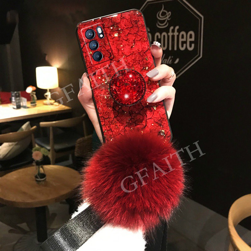 Ốp Điện Thoại Họa Tiết Vân Đá + Banh Lông Cho OPPO A98 5G A78 A58 A17 A57 A77 A77S Reno8T 9 8 7 Pro Plus 4G C55 C33