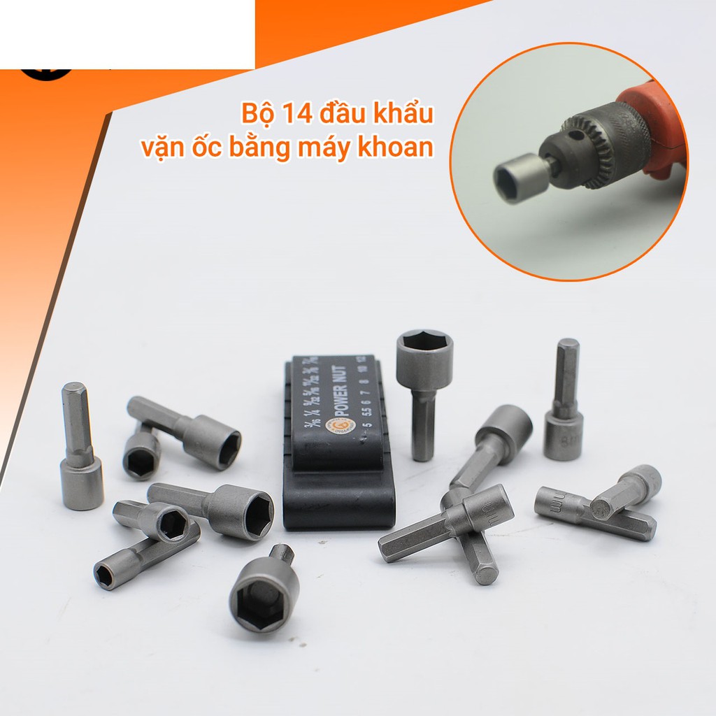 Bộ 14 khẩu tuýp vặn ốc lục giác gắn máy khoan