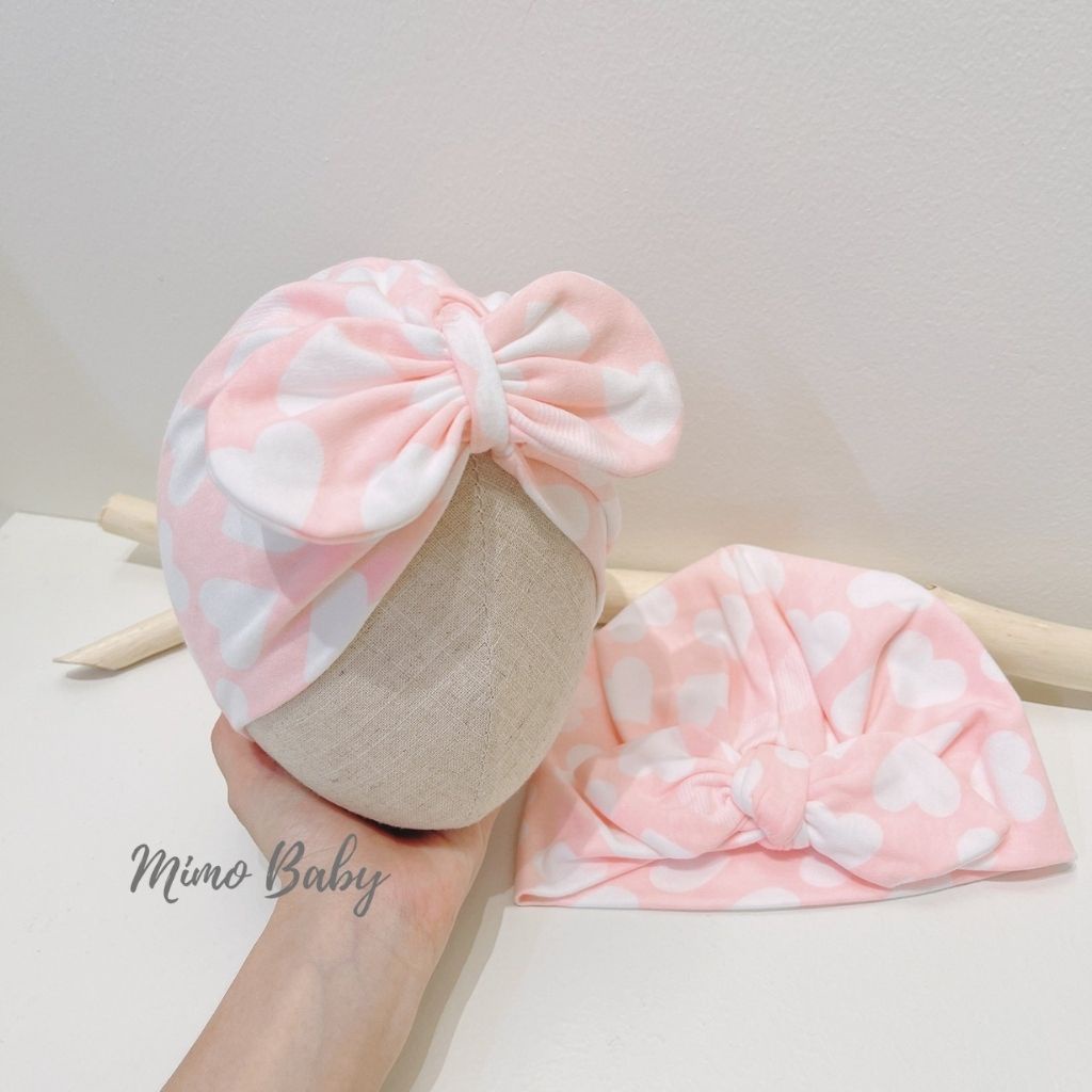 Mũ nón turban vải cotton co dãn màu hồng trái tim dễ thương cho bé gái MTB166 Mimo Baby