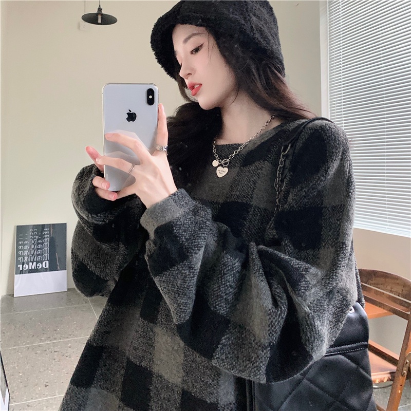 Áo sweater nữ tay dài dáng rộng kẻ sọc caro phong cách Hàn Quốc mới
 | BigBuy360 - bigbuy360.vn