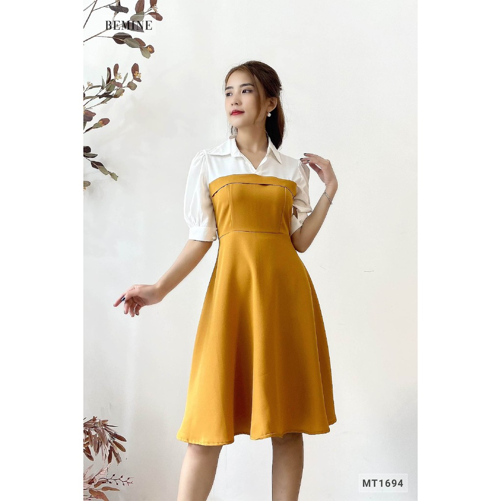 Đầm tay phồng phối trắng BEMINE MT1694VANG | BigBuy360 - bigbuy360.vn