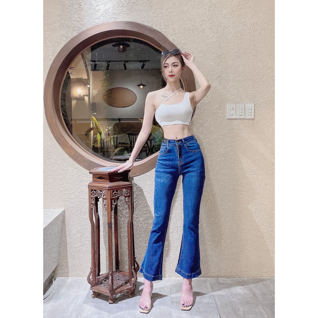 Quần jeans ống loe dáng ôm Skinny cao cấp, Quần bò ống loe cạp cao gắn táp da đính chữ sang trọng 2022