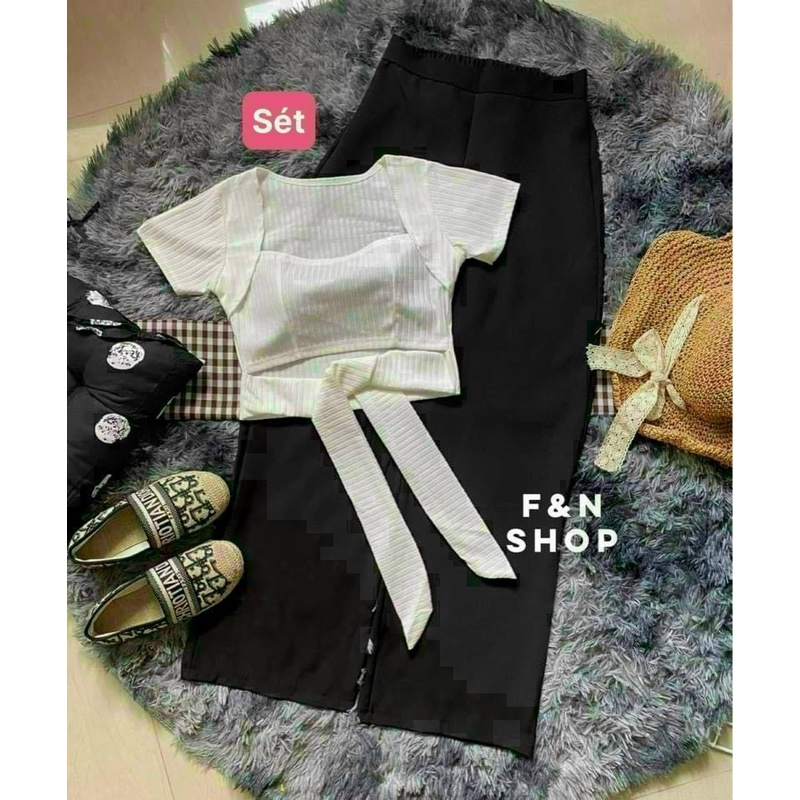 Sét bộ áo croptop cổ vuông có mút cột dây eo phối quần ống rộng hot hit