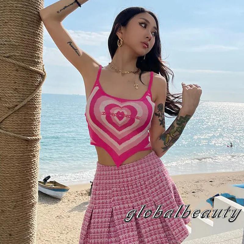 Áo Croptop Dệt Kim Không Tay Thêu Họa Tiết Trái Tim Thời Trang Mùa Hè Cho Nữ