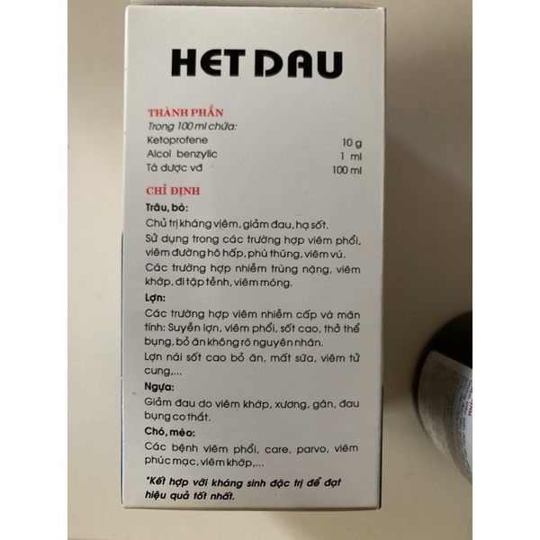 HET DAU 100ml - h.ạ s.ốt, gi.ảm đ.au, ch.ống phù nề trên chó mèo, lợn, trâu, bò