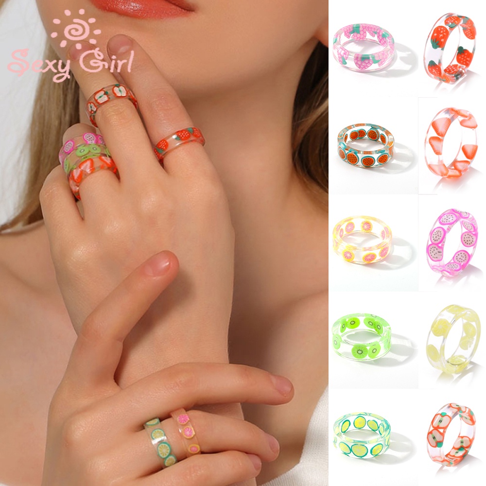 Nhẫn acrylic resin thiết kế thủ công họa tiết trái cây thời trang Hàn Quốc