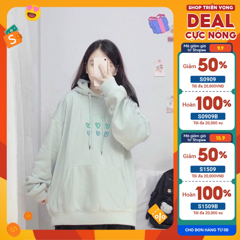 Áo HOODIE Freesize Dáng Rộng Thêu Trái Tim Phong Cách Ulzzang Unisex Màu Xanh Đậu, Chất Nỉ Bông Dày Dặn