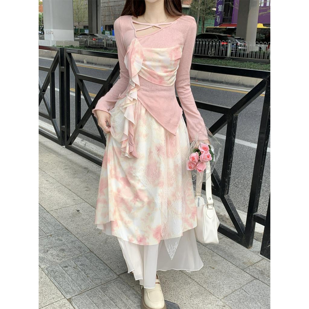 Bộ Áo Tay Dài In Hoa + Chân Váy Lưng Cao Phối Lưới Thiết Kế Lệch Tà Cá Tính