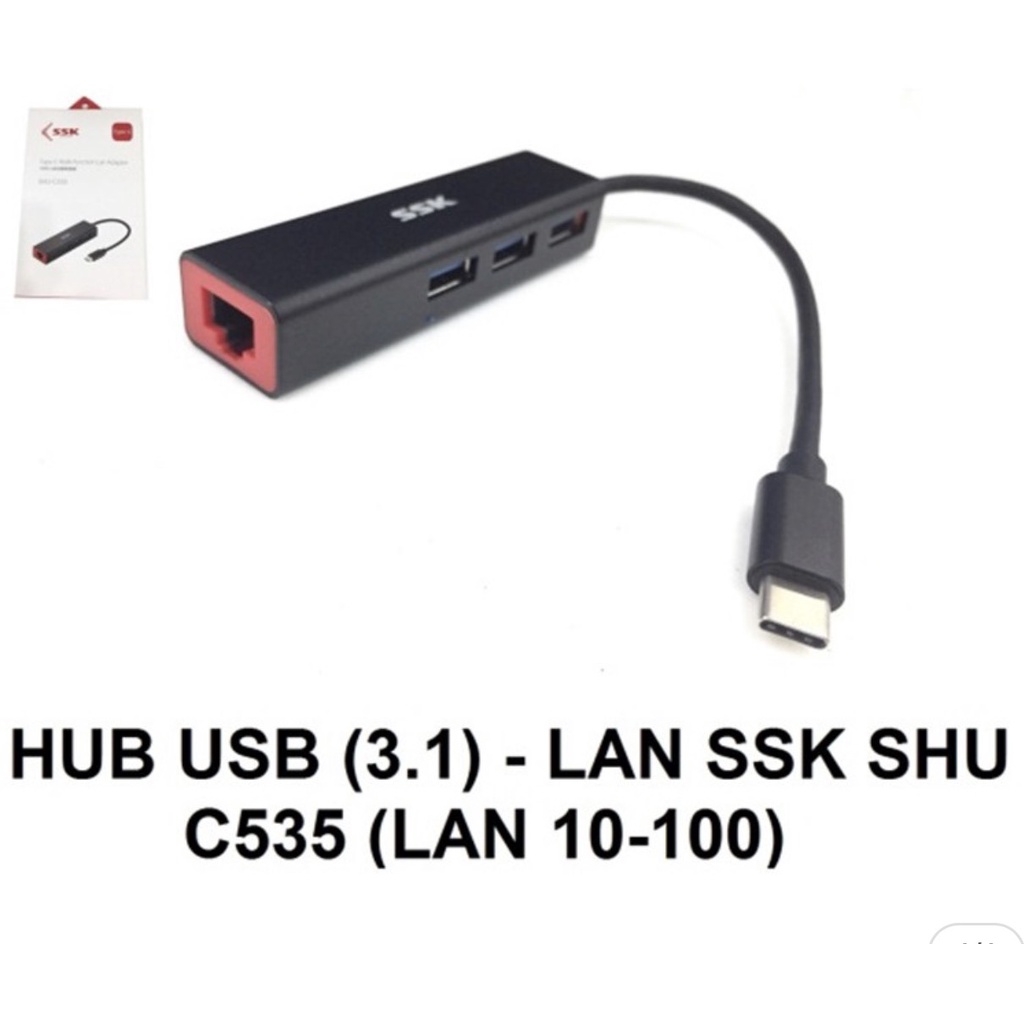 Cáp chuyển Type C USB (3.1) sang  LAN + Hub 3 port SSK SHU C535 (Lan 10-100)