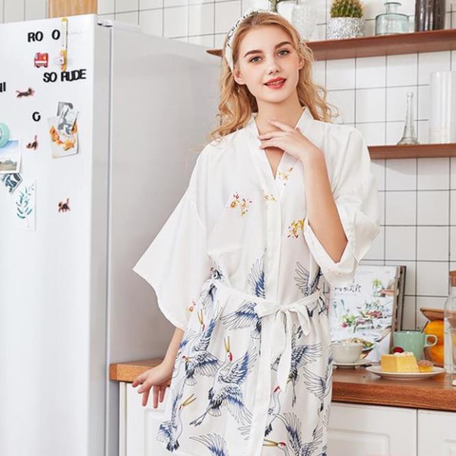 Áo choàng ngủ lụa cao cấp kiểu kimono in hình chim hạt sang trọng Thư Thư [HÀNG CAO CẤP] ! | BigBuy360 - bigbuy360.vn