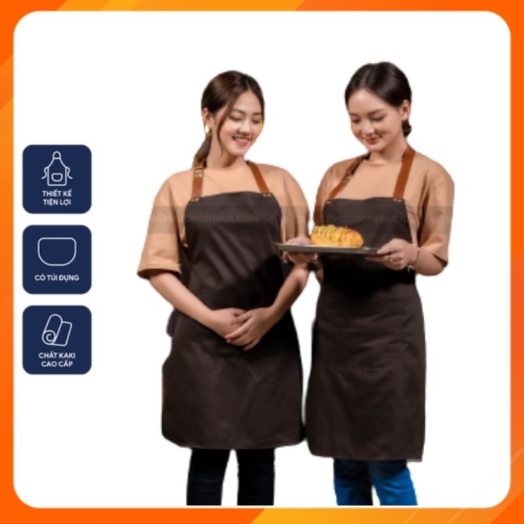 Tạp dề quán café, phục vụ nhà hàng, pha chế - Chất liệu kaki phối dây da, đính khuy đồng - Phong cách sang trọng