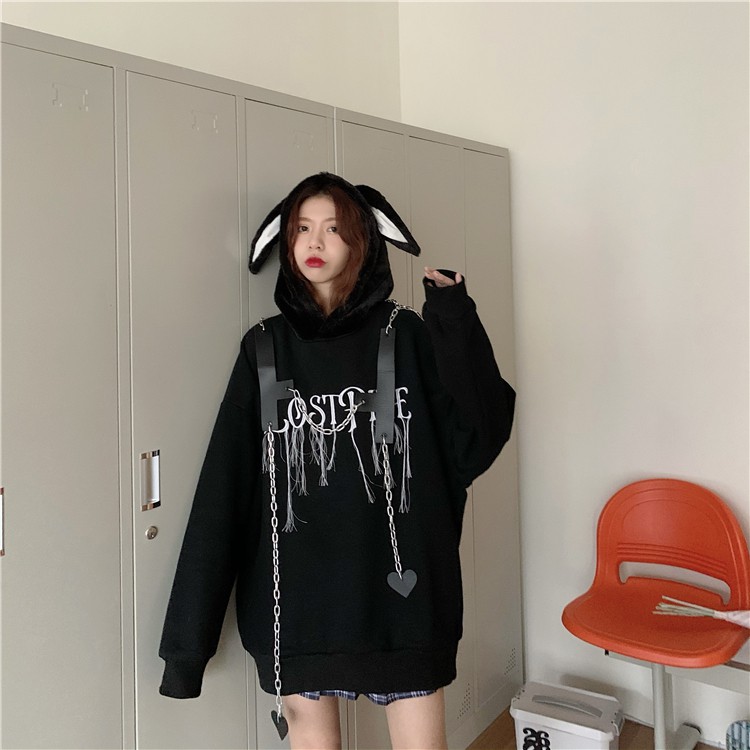 Áo hoodie nữ tay dài phong cách đường phố nón tai thỏ không có túi phối xích trái tim ulzzang ( 2 màu )