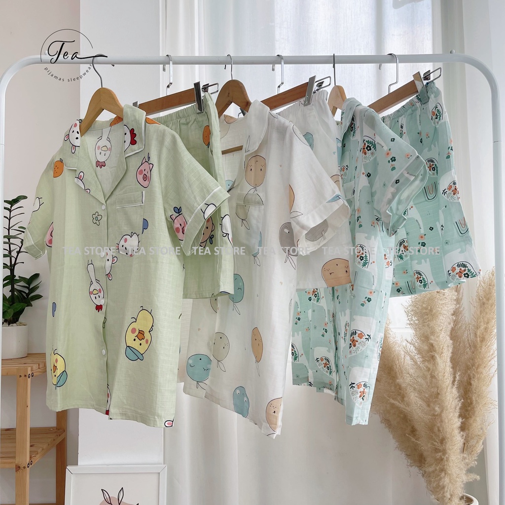 Bộ mặc nhà pyjama chất xô tre Tea Store áo cộc họa tiết dễ thương