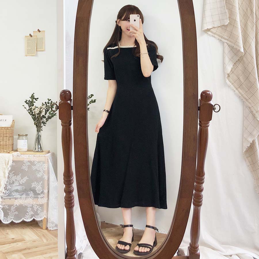 Váy Vintage - Đầm Nữ Cổ Vuông Phối Ren 4 Màu Đơn Giản | BigBuy360 - bigbuy360.vn