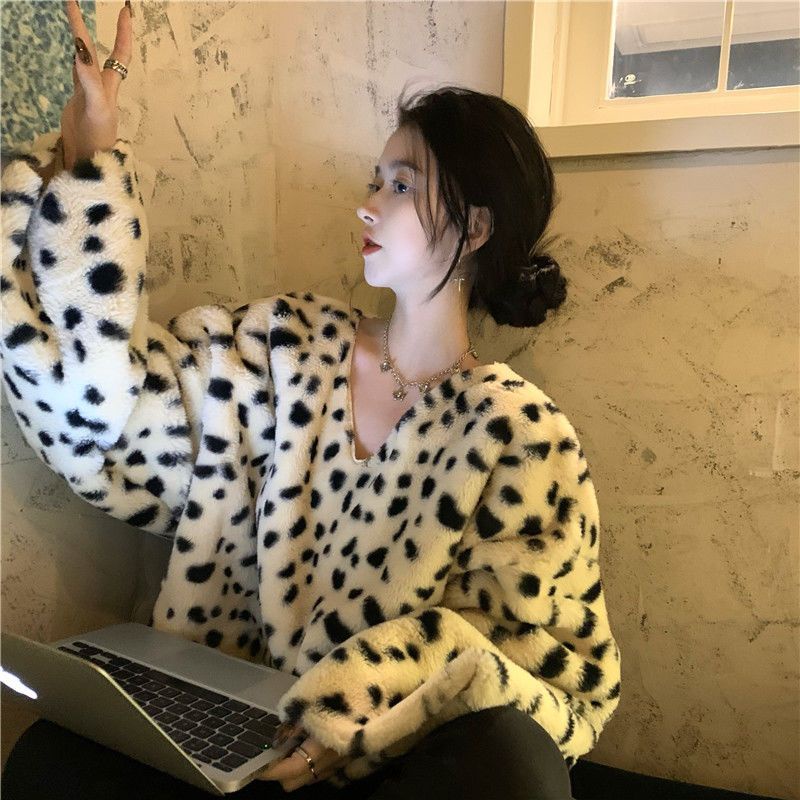 Bán Chạy!Áo Khoác Đệm Lông Cừu Dày Tay Dài Cổ Chữ V In Họa Tiết Da Báo Thời Trang Thu Đông 2022 Mới