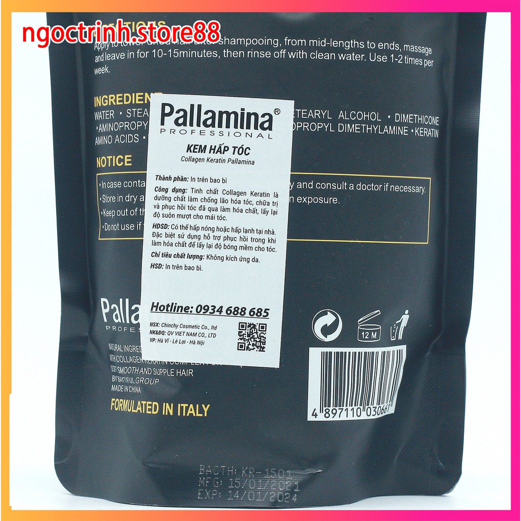 Ủ tóc Pallamina Keratin collagen, kem xả tóc siêu phục hồi tóc nát hàng công ty chính hãng túi 500ml | BigBuy360 - bigbuy360.vn