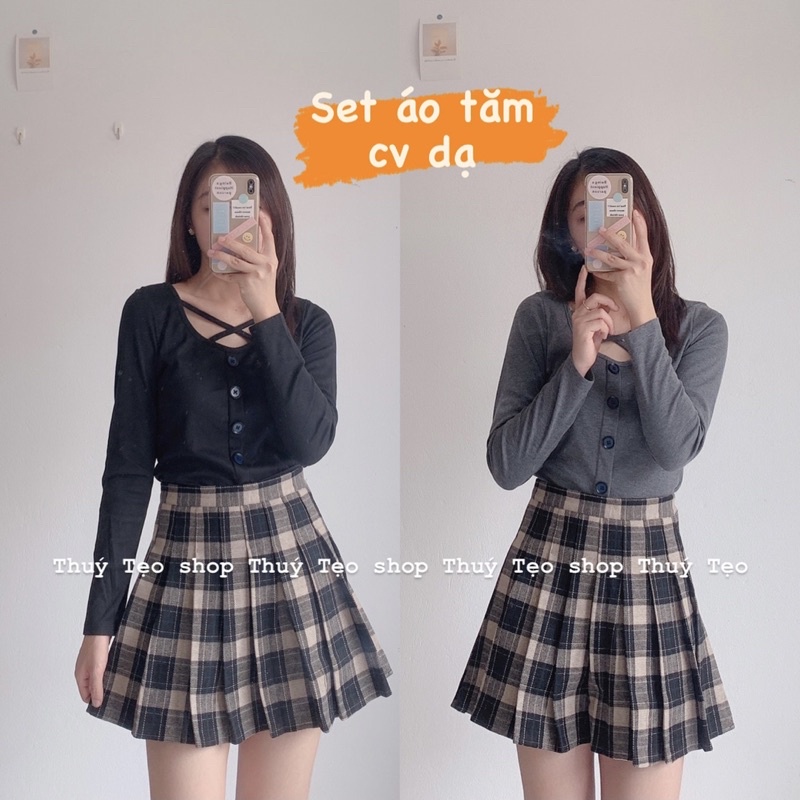 Set áo croptop tăm chân váy tennis kẻ dạ