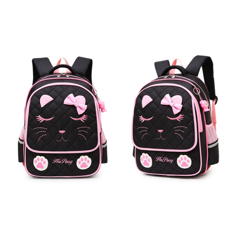 Balo Đi Học Bằng Nylon Đính Nơ Cỡ Lớn In Họa Tiết Mặt Mèo Dễ Thương Cho Bé Gái