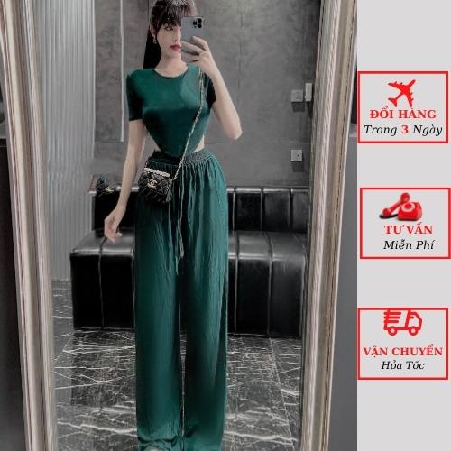 Set áo thun croptop nữ dáng ôm body kèm quần suông ống rộng đi biển ulzzang Hàn Quốc