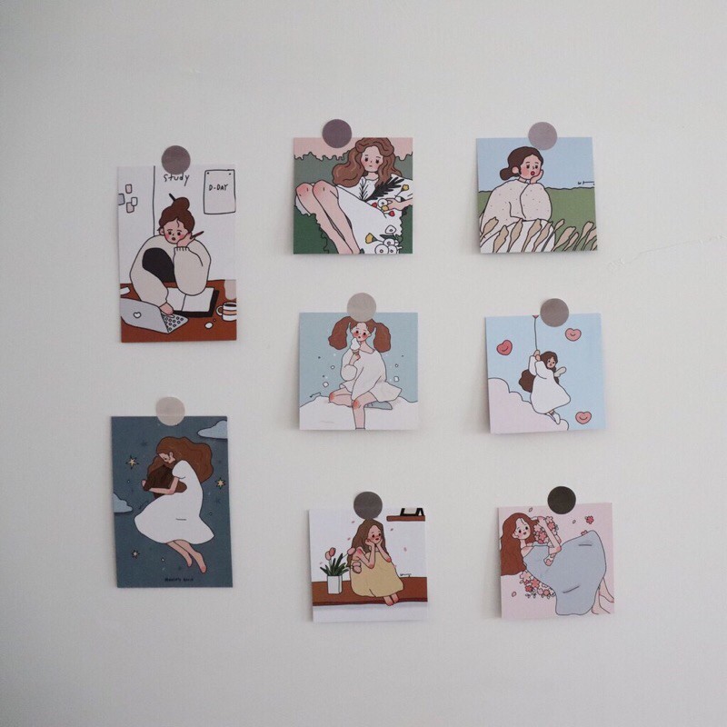 [8 tấm]Thiệp postcard dán tường Cô Gái Phong Cách Hàn Quốc, thẻ ảnh dán tường decor phòng, phông nền chụp ảnh [SẴN HÀNG]