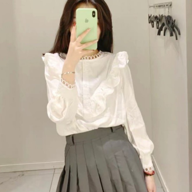 Áo sơ mi viền ren cổ bèo tiểu thư cách điệu kiểu mới siêu xinh