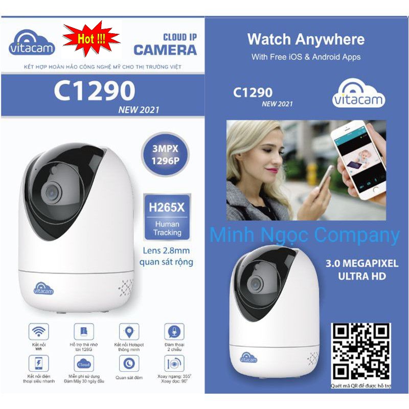 Camera không dây Wifi Vitacam C1290 3.0Mp Ultra HD (New 2021), quan sát Ban Đêm Xoay 360 độ