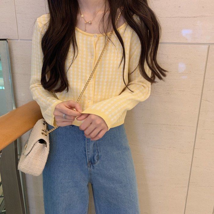 Áo Khoác Cardigan Len Tay Dài Dáng Ôm Họa Tiết Sọc Caro Phong Cách Hàn Quốc Cho Nữ