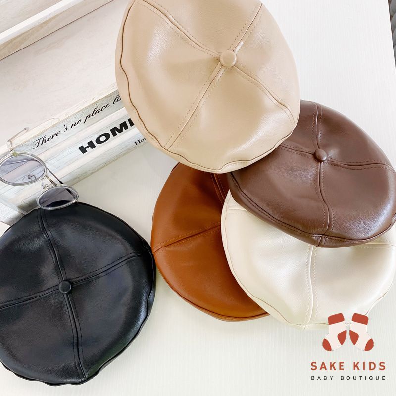 Mũ nồi bé trai bé gái - Mũ nồi beret chât da PU màu trơn có dây rút dễ thương cho bé từ 4-16 tuổi mới nhất MN02