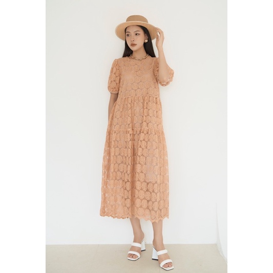 Đầm Ren Dáng Tầng Phom Suông Chất Liệu Ren Chỉ Thêu Cao Cấp Màu Vintage Phong Cách Hàn Quốc