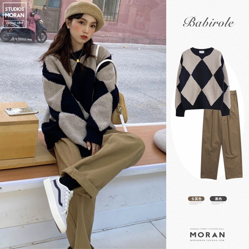 (ORDER) Áo len MORAN họa tiết hình thoi form rộng dài trùm mông style retro Hàn Quốc (hàng mới về)