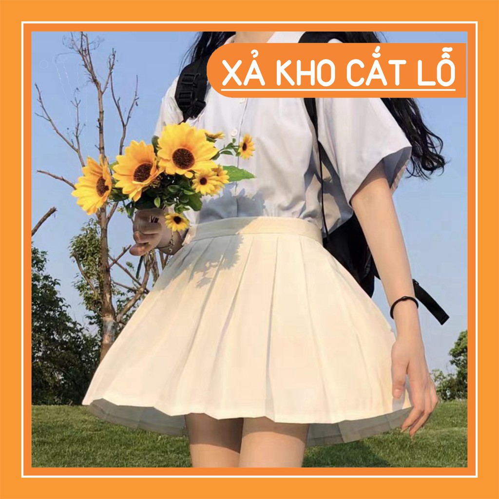 [Xả kho] Mới -  SET ÁO SƠ MI XANH THÊU HOA MIX CHÂN VÁY TENNIS TRẮNG ULZZANG