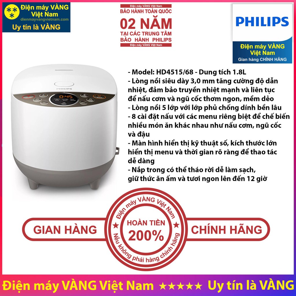 Nồi cơm điện Philips HD4515 HD4533 HD4528 - Hàng chính hãng (Bảo hành 2 năm trên toàn quốc)