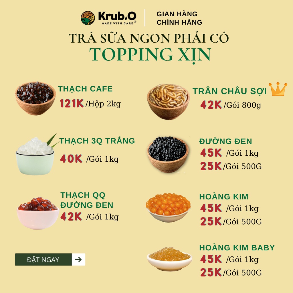 Trâu châu Krub.O - Trân châu sợi độc quyền/hoàng kim/đen/thạch 3Q trắng- Topping Trà sữa- Thương hiệu Việt