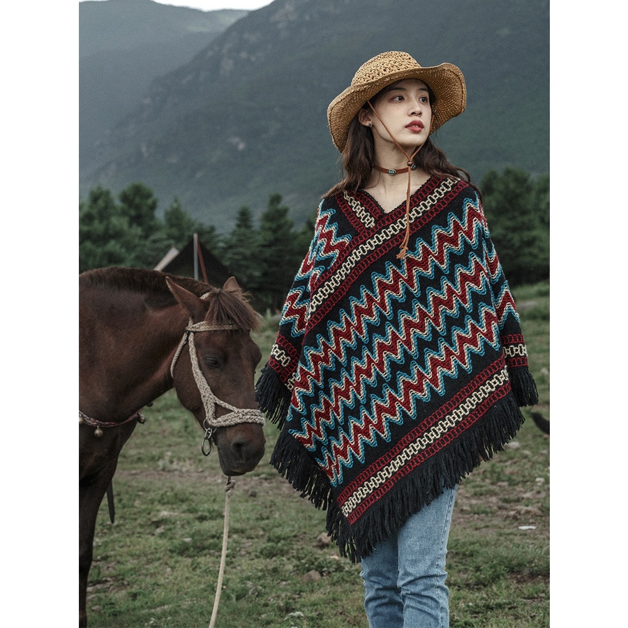 Áo len boho mùa thu đông họa tiết đẹp dáng khăn