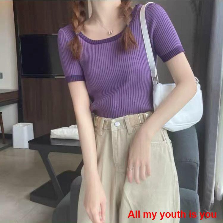 [Chụp ảnh thật 💕]áo croptop nữ       Coloring square leadwear female lock bone top 2020 new summer slim set inside short-sleeved shirt