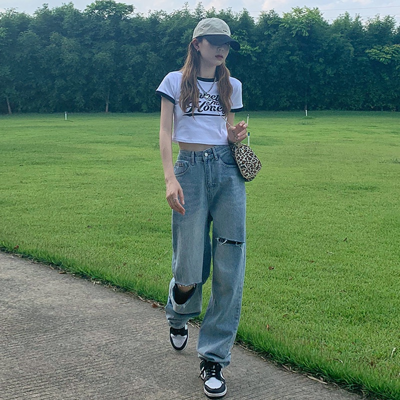 Quần jean nữ ống rộng jean ống suông Aldore màu xanh nhạt rách gối phong cách Ullzzang hot taobao MSC3B